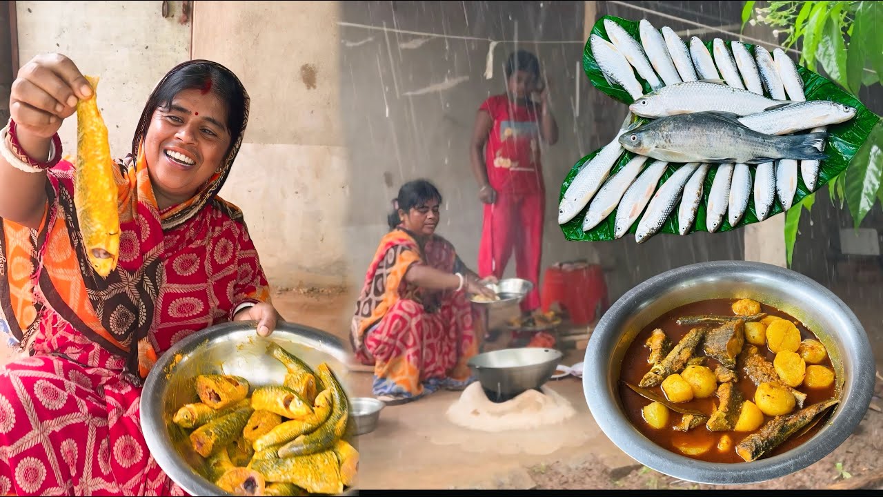 মুষলধারা বৃষ্টির মধ্যে দামোদর নদী থেকে মাছ এনে মায়ের হাতে রান্না ||