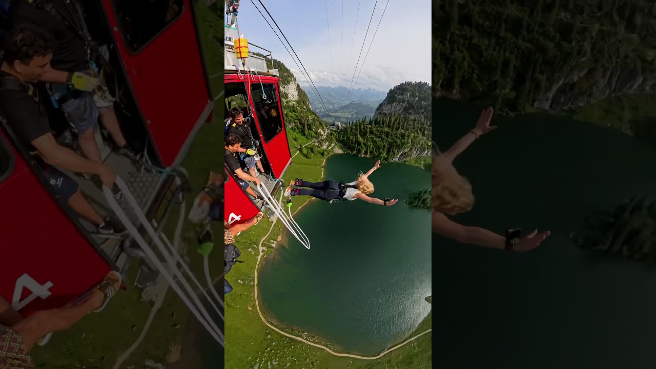 The most scenic bungy jump in the world 😱 #bungyjump #bungeejumping #switzerland #interlaken
