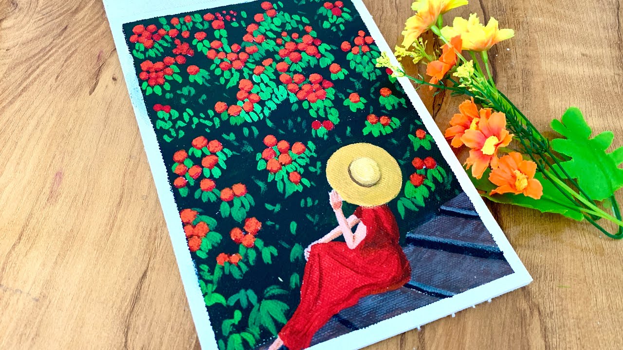 Lady in Red Dress Acrylic Painting | How to Paint Lady in Red |Red Roses Painting/ lady in Hat paint