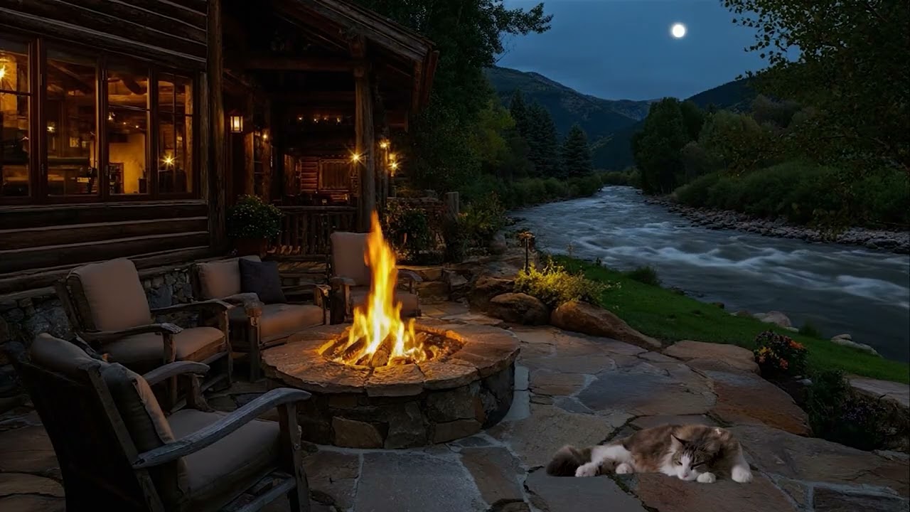 Forest Night Resort 🌿 Crackling Fire & Flowing Water | Cozy Nighttime Nature Sounds
