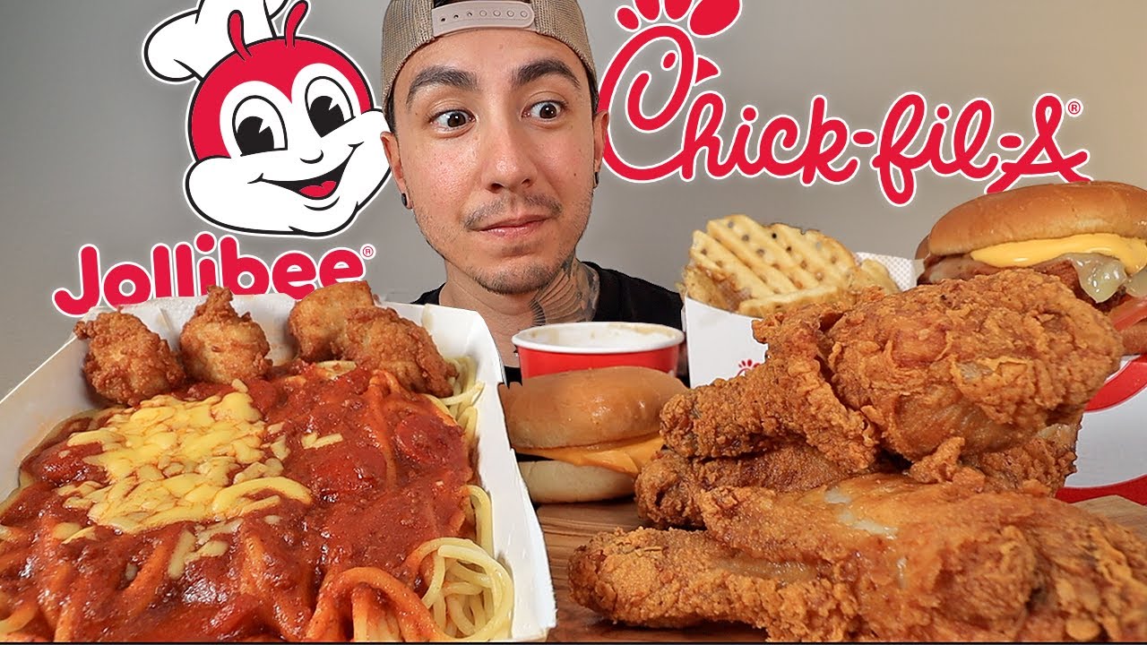 MUKBANG EATING JOLLIBEE SPICY FRIED CHICKEN CHICK FIL A SPICY FRIED CHICKEN CHEESEBURGER ASMR