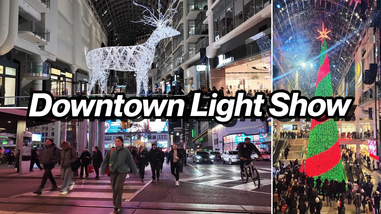 В центре города, в торговом центре Eaton Centre, рождественское ёлочное шоу со снегом | Прогулка ...