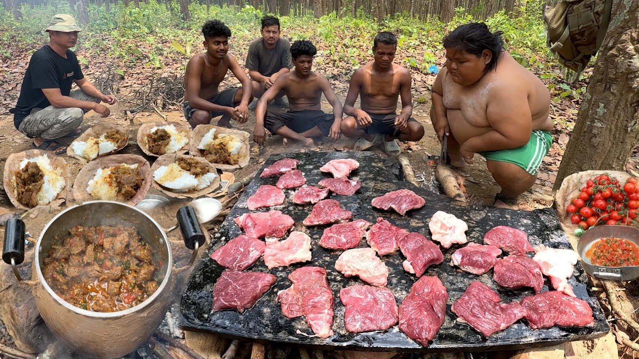 Outdoor Cooking Buff Meat on Hot Stone over Fire Rice with Spicy Juicy Buff Meat Cooking and Eating
