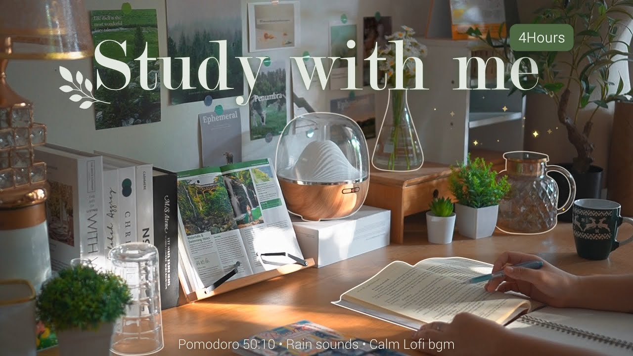 4-HOUR 🌤️ Study With Me • Rain sounds☔+ Lofi bgm • Pomodoro 50-10 • Day294🍃