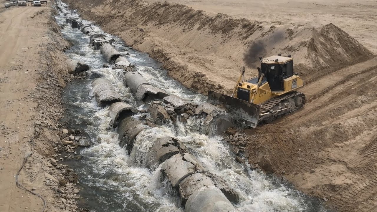 Strong Bulldozer Pushing & Clearing Sand Bury A Long Drain