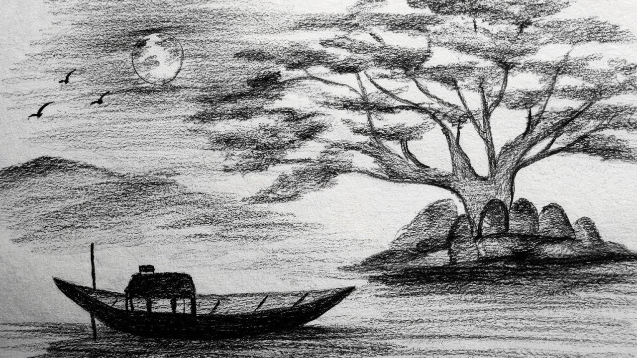 Easy Pencil Scenery Drawing | Sunset Boat Landscape for Beginners
