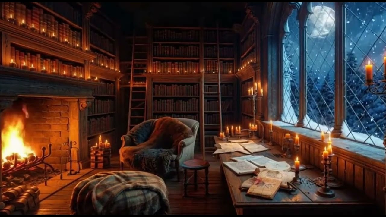 Quiet Medieval Library at Night 🔥| 3 Hours Cozy Fireplace Ambience for Study, Sleep & Relaxation