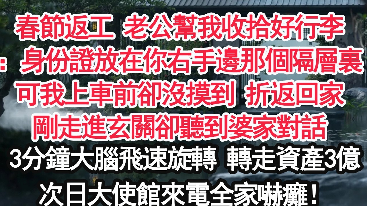 春節返工 老公幫我收拾好行李：身份證放在你右手邊那個隔層裏可我上車前卻沒摸到 折返回家剛走進玄關卻聽到婆家對話3分鐘大腦飛速旋轉 轉走資產3億次日大使館來電全家嚇癱！【顧亞男】【大女主】【婚姻自主】