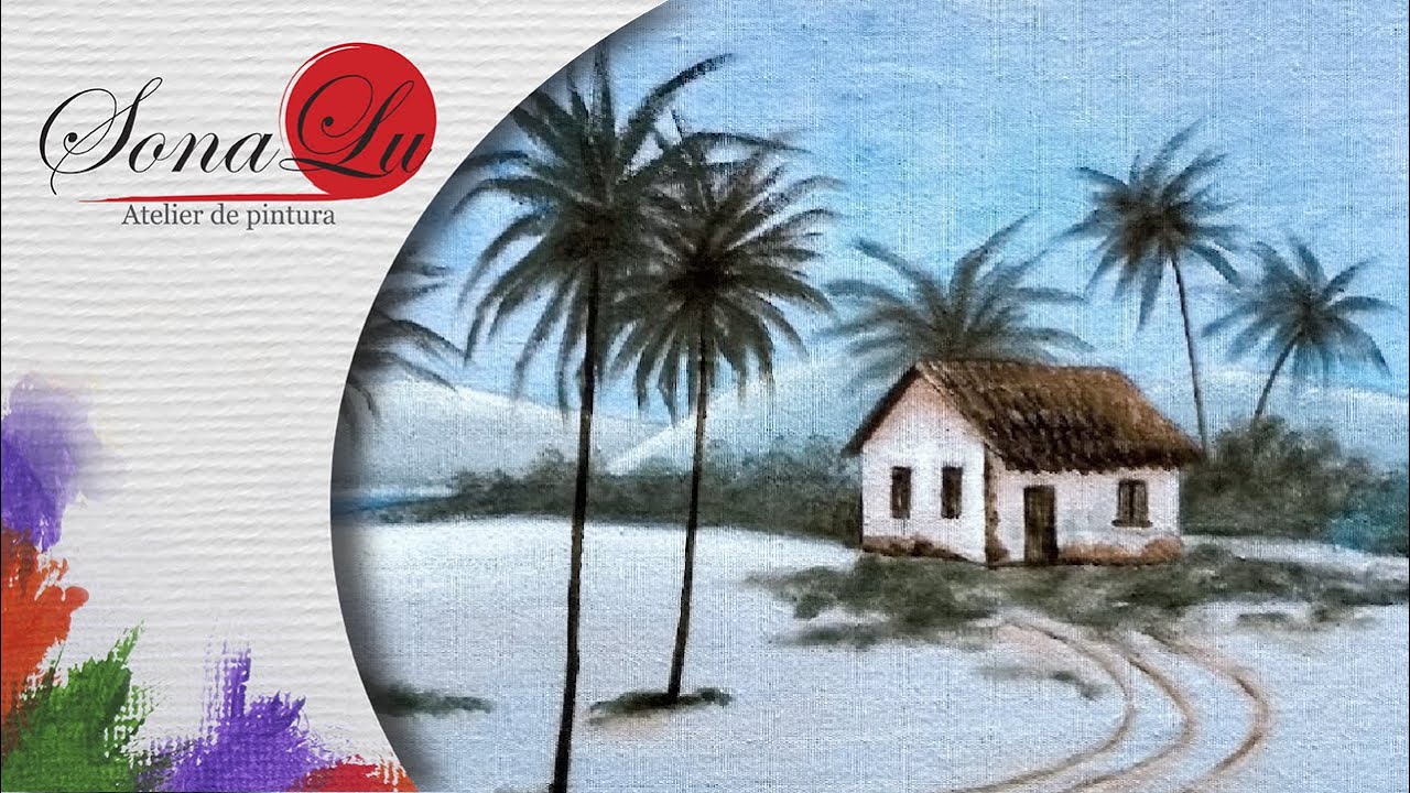 Aula 709 - Paisagem com Casa, Praia e Coqueiros em Pano de Prato