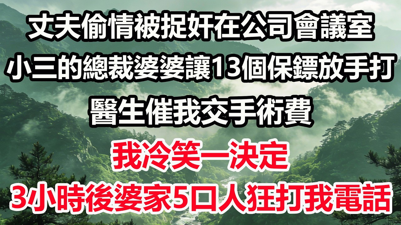 丈夫偷情被捉奸在公司會議室，小三的總裁婆婆讓13個保鏢放手打。醫生催我交手術費，我冷笑一決定。3小時後婆家5口人狂打我電話
