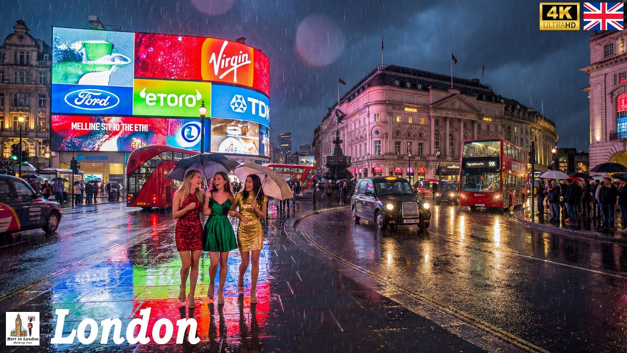 London's Amazing Night Walking Tour | Stunning Rainy Streets | 4K HDR