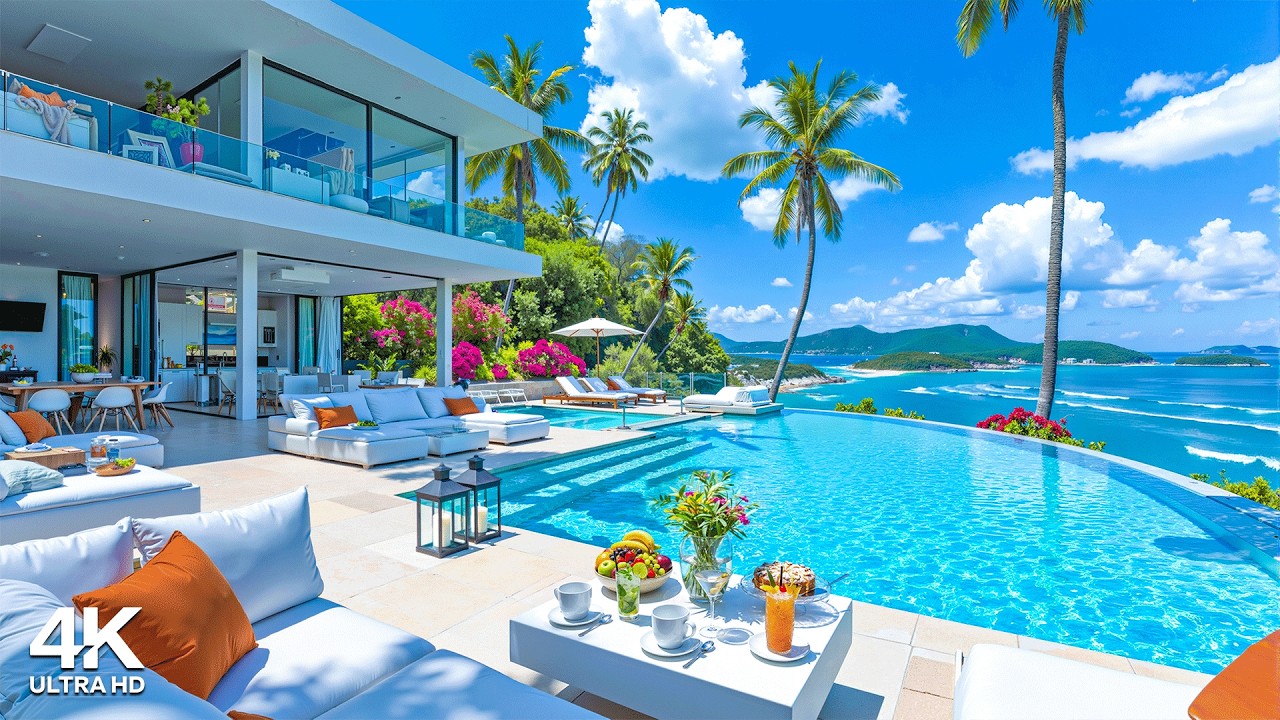 Luxury Beach Resort Ambience 🌊 Positive Summer Bossa Nova Jazz & Crashing Waves Sound for Good Moods