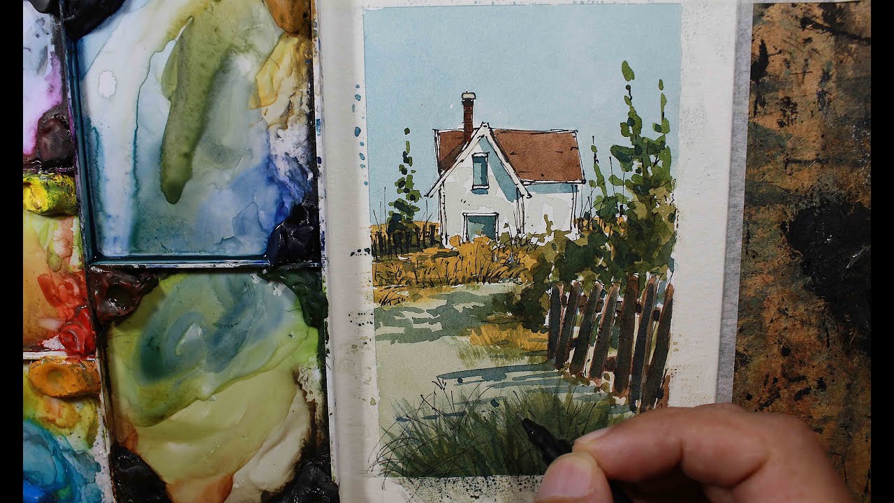 Pen and Wash Farmhouse Watercolor Tutorial.Quick and Fun beginner Lessons.Nil Rocha