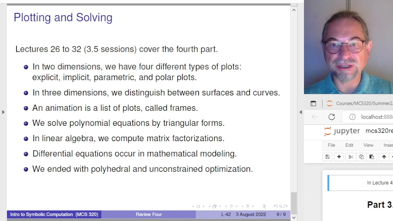 Review Four of Introduction to Symbolic Computing, on calculus, plotting, and solving equations