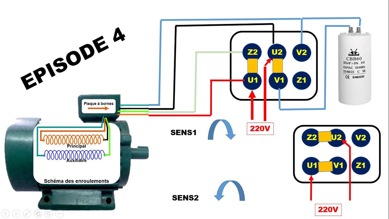 Moteur monophasée standard 4 FILS à condensateur permanent   2sens de rotation #moteurmonophasee