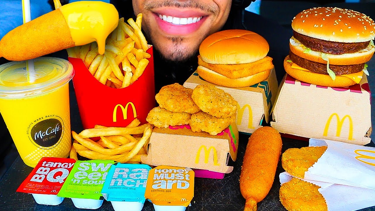 ASMR EATING MCDONALDS CORN DOG CHICKEN NUGGETS BIG MAC FRIES SMOOTHIE MUKBANG BIG BITES NO TALKING