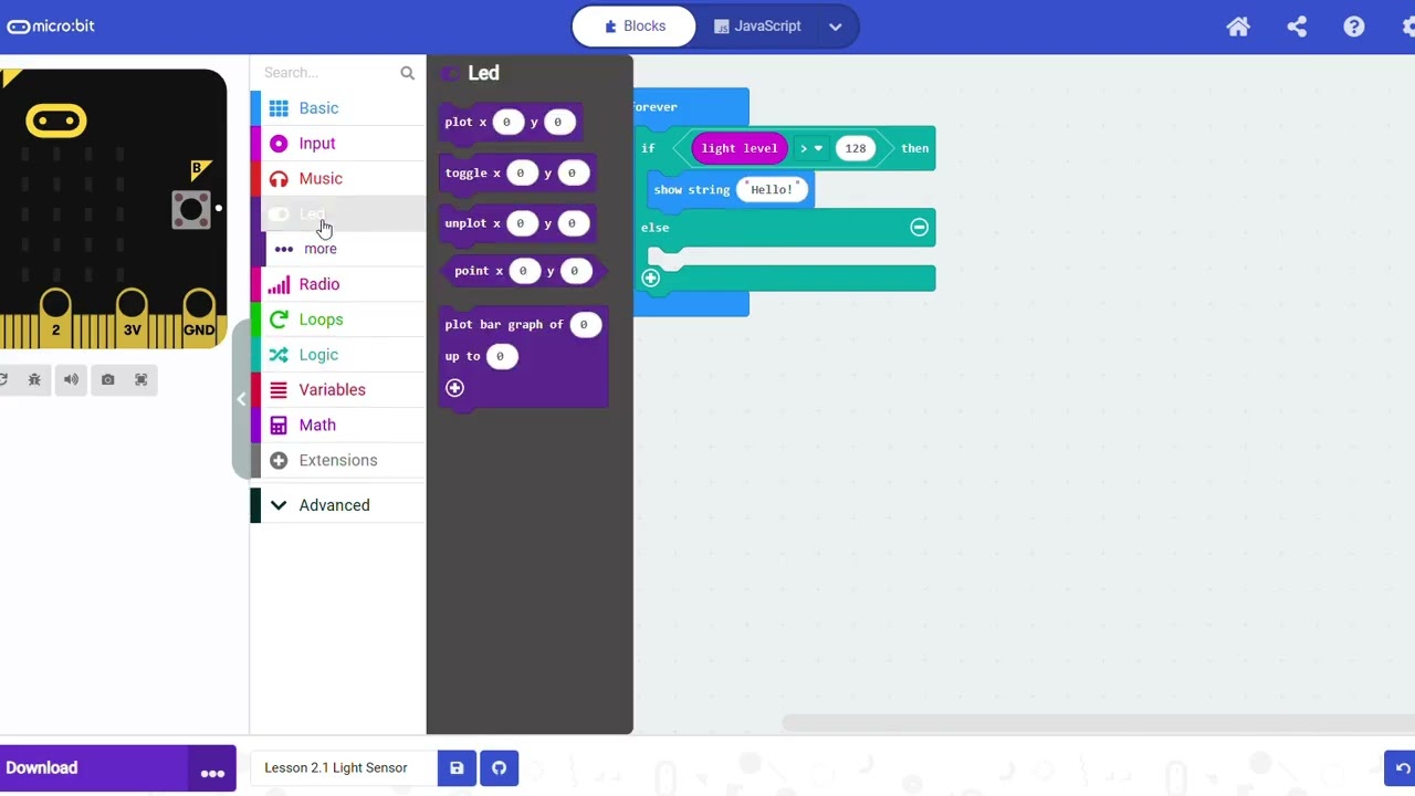 Lesson 2.1 Light Sensor Make Code Microbit