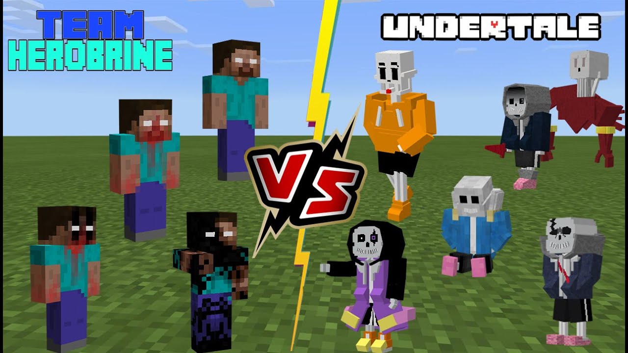 Team Herobrine VS Undertale (Epic Sans, Last Breath Sans, Papyrus, Dust Sans) Minecraft PE