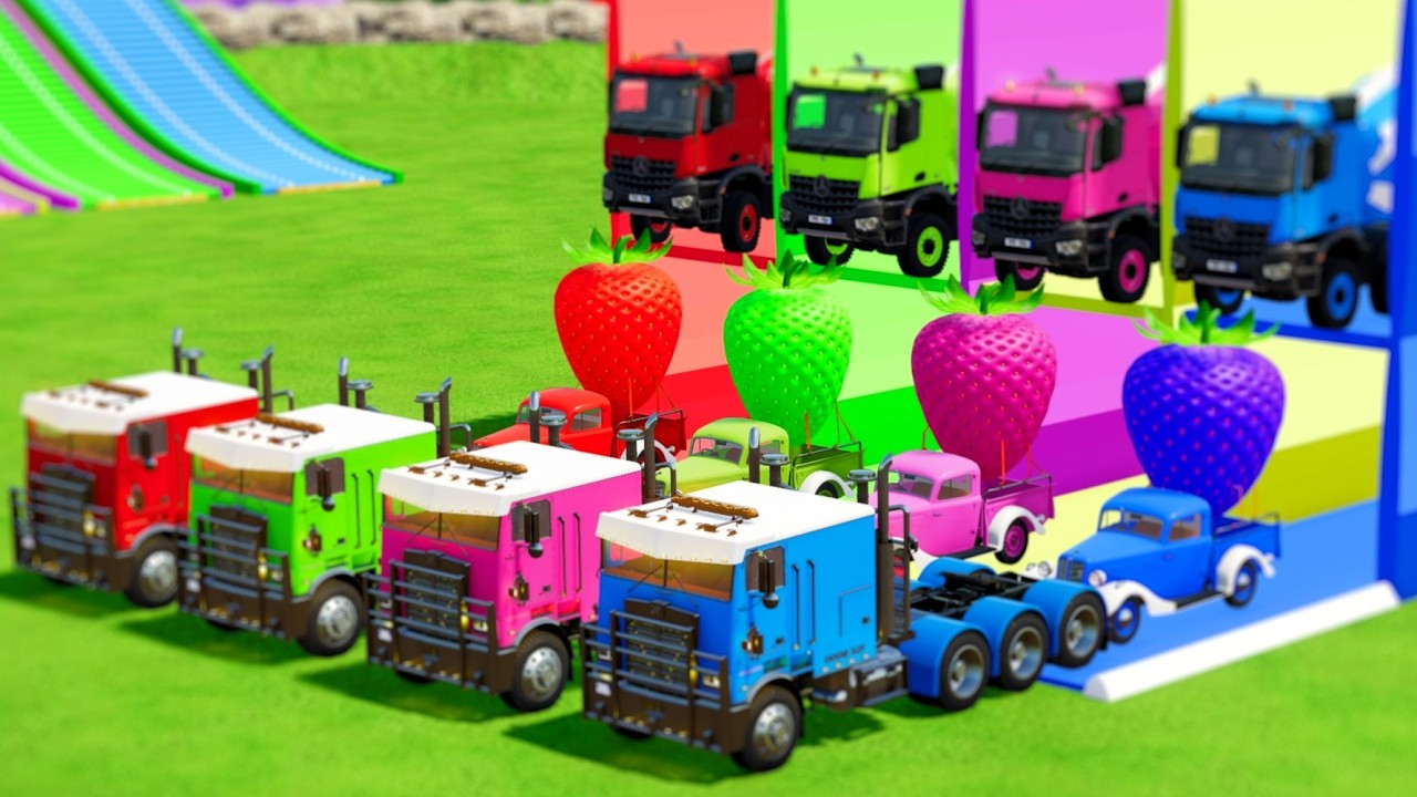 Trucks of COLORS - DOUBLE FLATBED TRAILER TRUCK, VOLVO, AMBULANCE EMERGENCY VEHICLES, AUDI Q8 Part 1