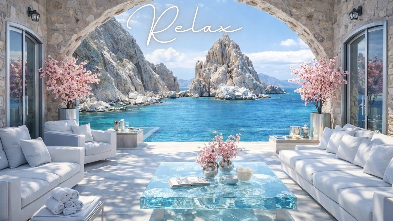 Luxurious Balcony Turquoise Waters and Rocky Islands, Soft Jazz for Focus, Relax & Inner Peace.