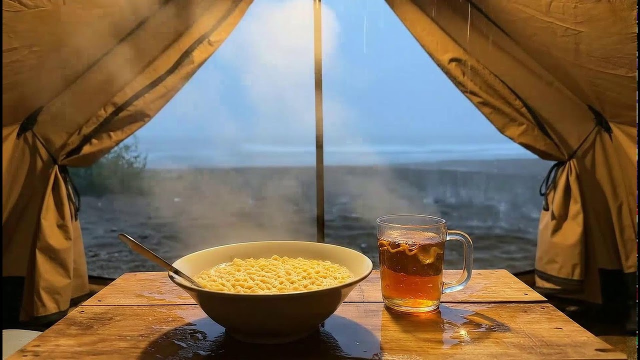 Cozy Heavy Rain at the Beach: Steaming Ramen & Hot Tea Inside a Tent 🍜 #RainyASMR