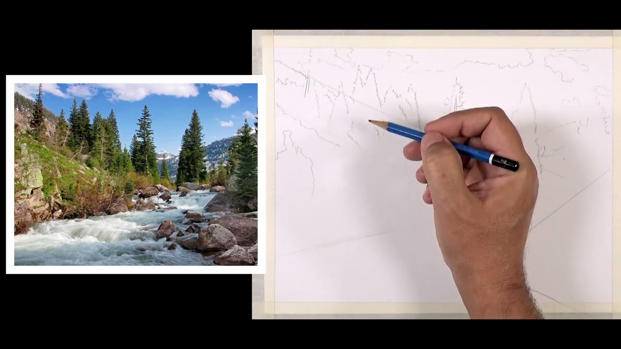 تخطيط رسم منظر طبيعي خطوة بخطوة باستخدام قلم الرصاص! رسم بالوقت الفعلي؟