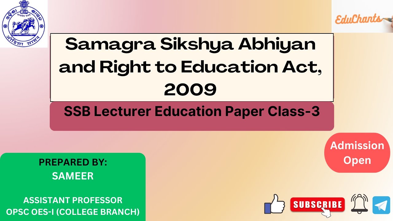 Samagra Sikshya Abhiyan (SSA) and Right To Education Act, 2009 | OPSC/SSB Lecturer/PGT 2024 Classes