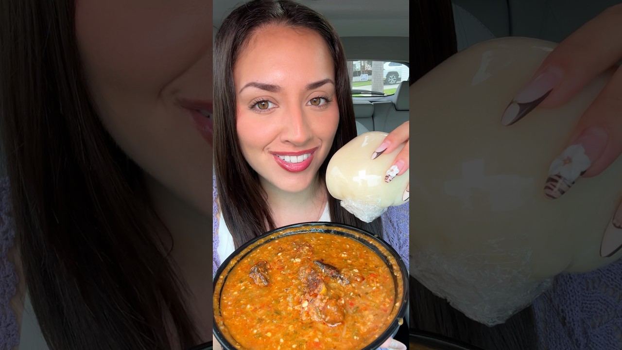 TRYING MORE NIGERIAN FOOD (OKRA SOUP & FUFU) 😋 #shorts