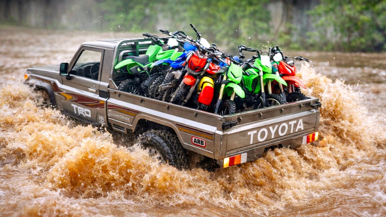 Loaded RC Toyota Land Cruiser 4x4 Battles Mud, Rocks & Slippery Hill Deliver Broken Dirt Bikes
