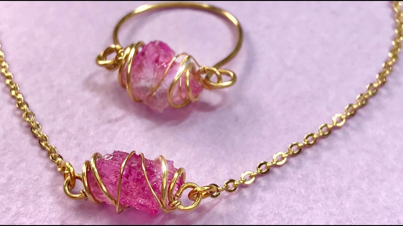 穴無し✨原石💕ワイヤーコイルラッピングブレスレット&リングの作り方💎トルマリン✨DIY Wire   Coil wrapping Breslet