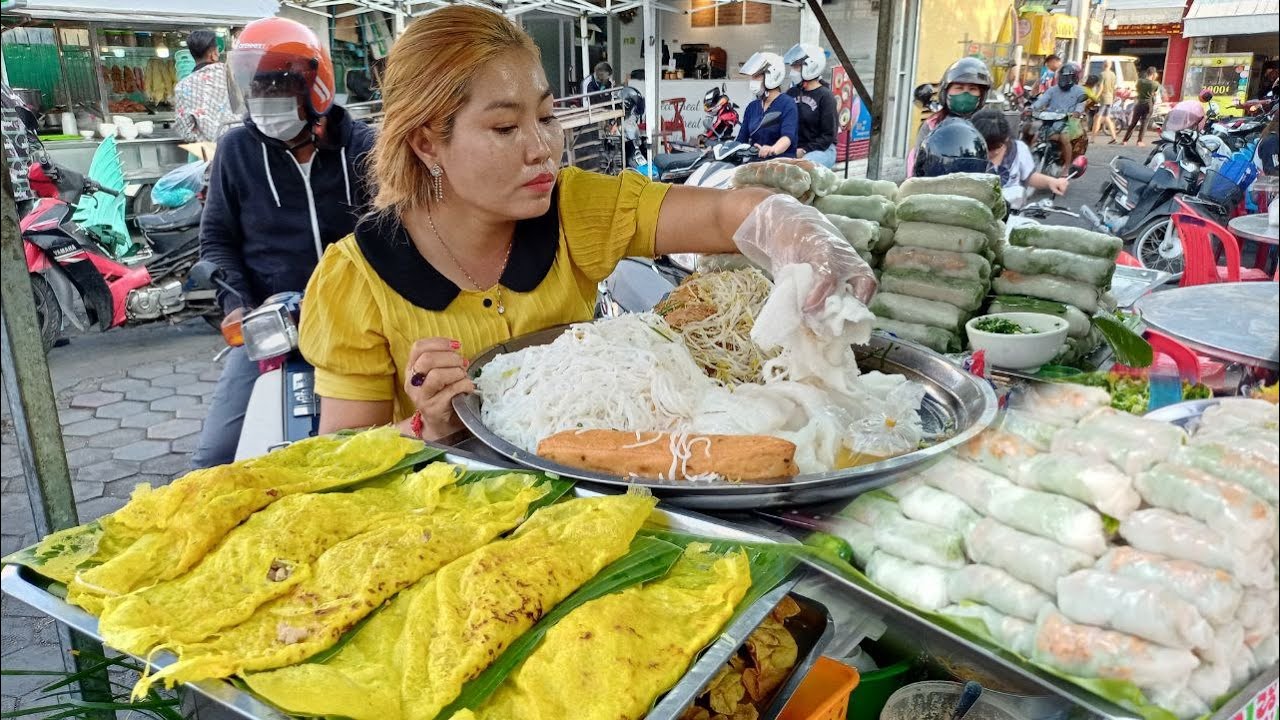 Popular Cambodian Street Food, Delicious Yellow Pancake, Spring Rolls, Noodles, Fried Rice & More