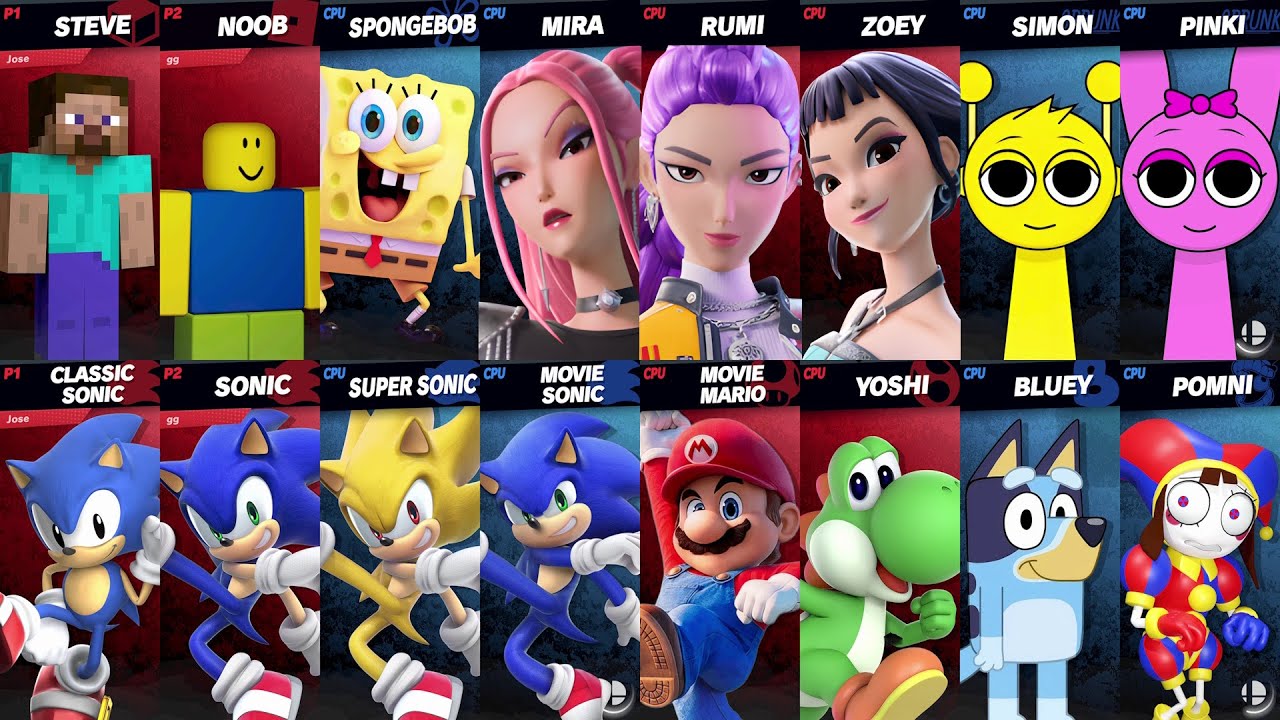 Sonic vs Mario vs Roblox vs Minecraft vs Fortnite vs Bluey vs SpongeBob | Super Smash Bros Ultimate