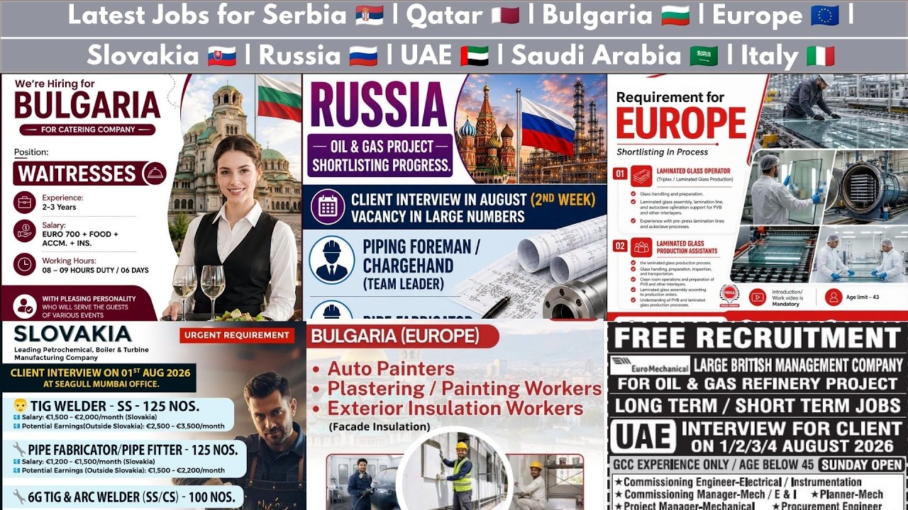 Latest Jobs in Serbia, Qatar, Bulgaria, Europe, Slovakia, Russia, UAE, Saudi Arabia, Italy