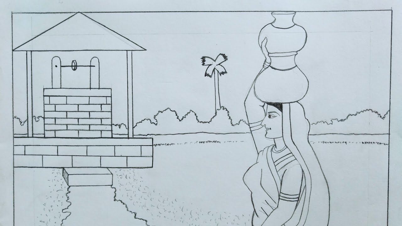 पनघट का चित्र बनाना सीखें | How to Draw Village Scenery Women with Water Well Step by Step Very Easy