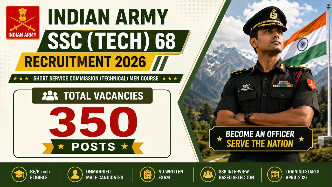 Indian Army SSC Tech 68 Recruitment 2026 🔥 350 Vacancies | No Written Exam | BE/B.Tech