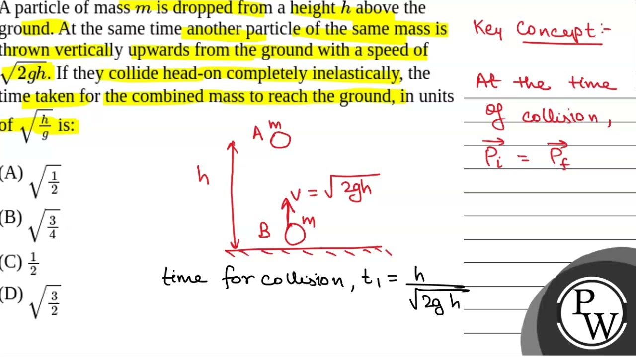 A particle of mass \(m\) is dropped from a height \(h\) above the ground. At the same time anoth....