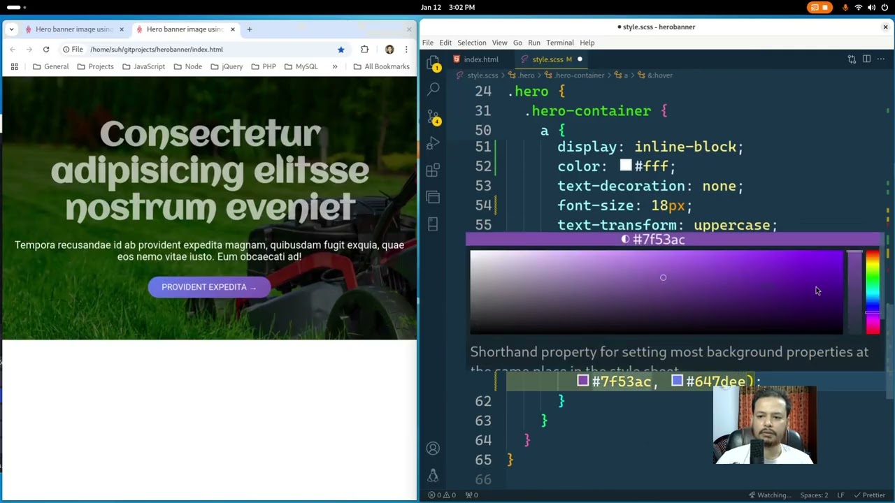 Create a hero banner image using HTML CSS (optional JavaScript for animation effect)