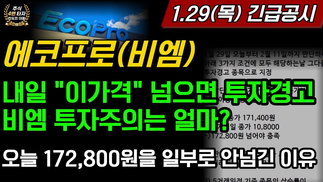 [2차전지] 에코프로🚨내일 이가격 넘으면 투자경고 에코프로비엠 투자주의는 얼마? 오늘 일부로 172800원 안넘긴 이유?