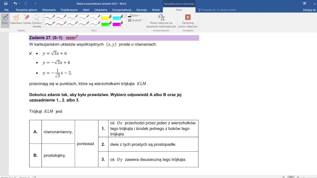 Matura poprawkowa z matematyki sierpień 2023 poziom podstawowy zadanie 27