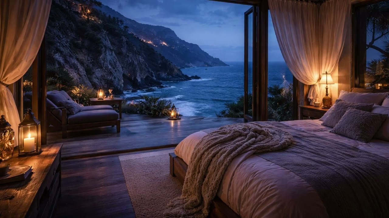 Deep Ocean Waves at Night 🌊 Cliffside Bedroom Ambience (3 Hours)
