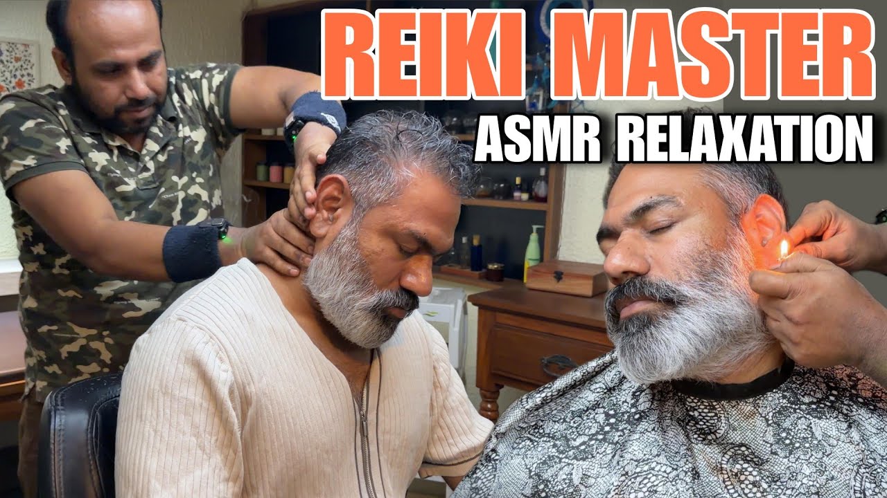 Asmr complementary head massage with HAIR 💇‍♂️ Cutting and 🔥 Fire  Beard Trimming By  REIKI MASTER 