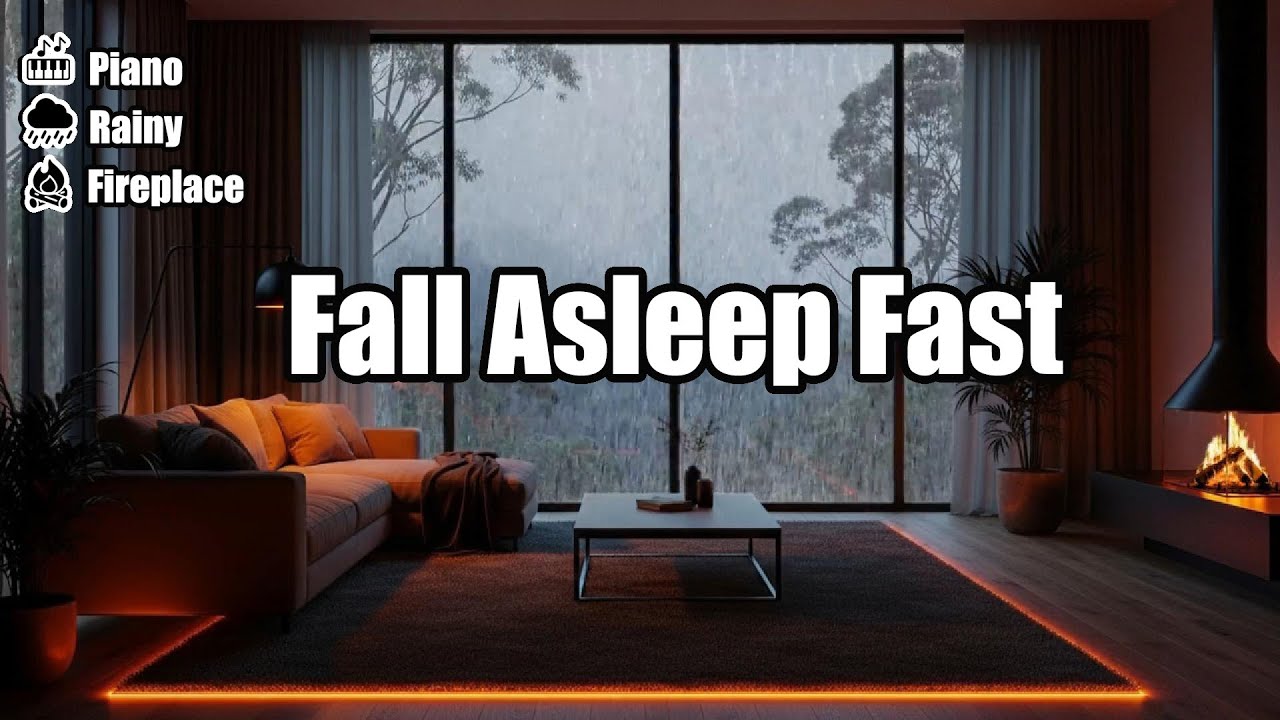 Deep Sleep Rainstorm Ambience with Gentle Piano Music and Warm Fireplace Glow