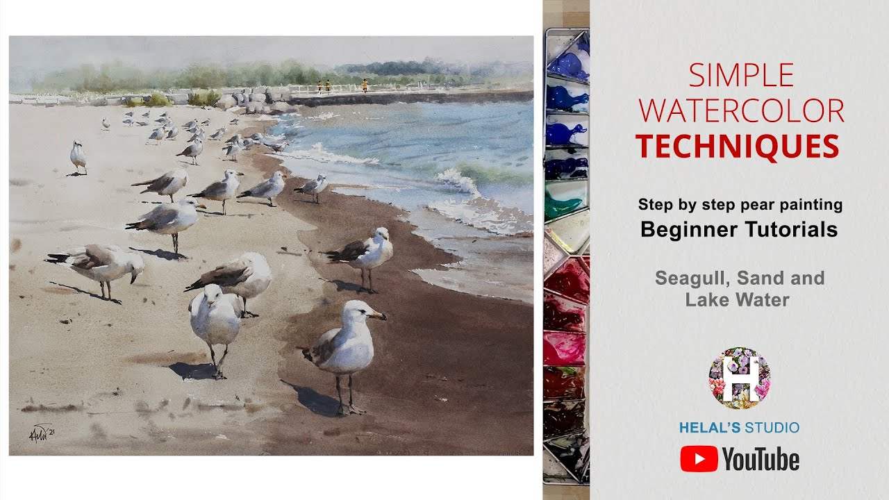 Simple watercolor techniques | Seagull, Sand and Lake Water | beginner tutorials| HELAL'S STUDIO
