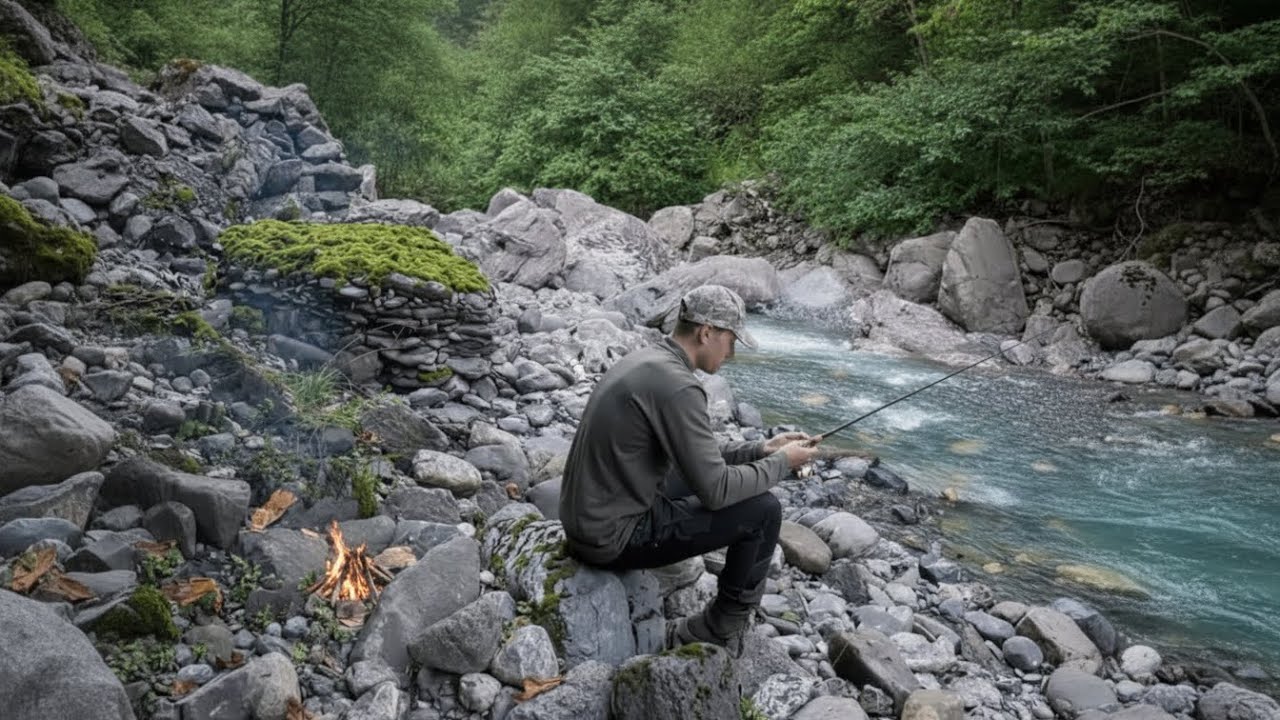 BUILDING a complete STONE survival SHELTER! | Bushcraft & FISHING