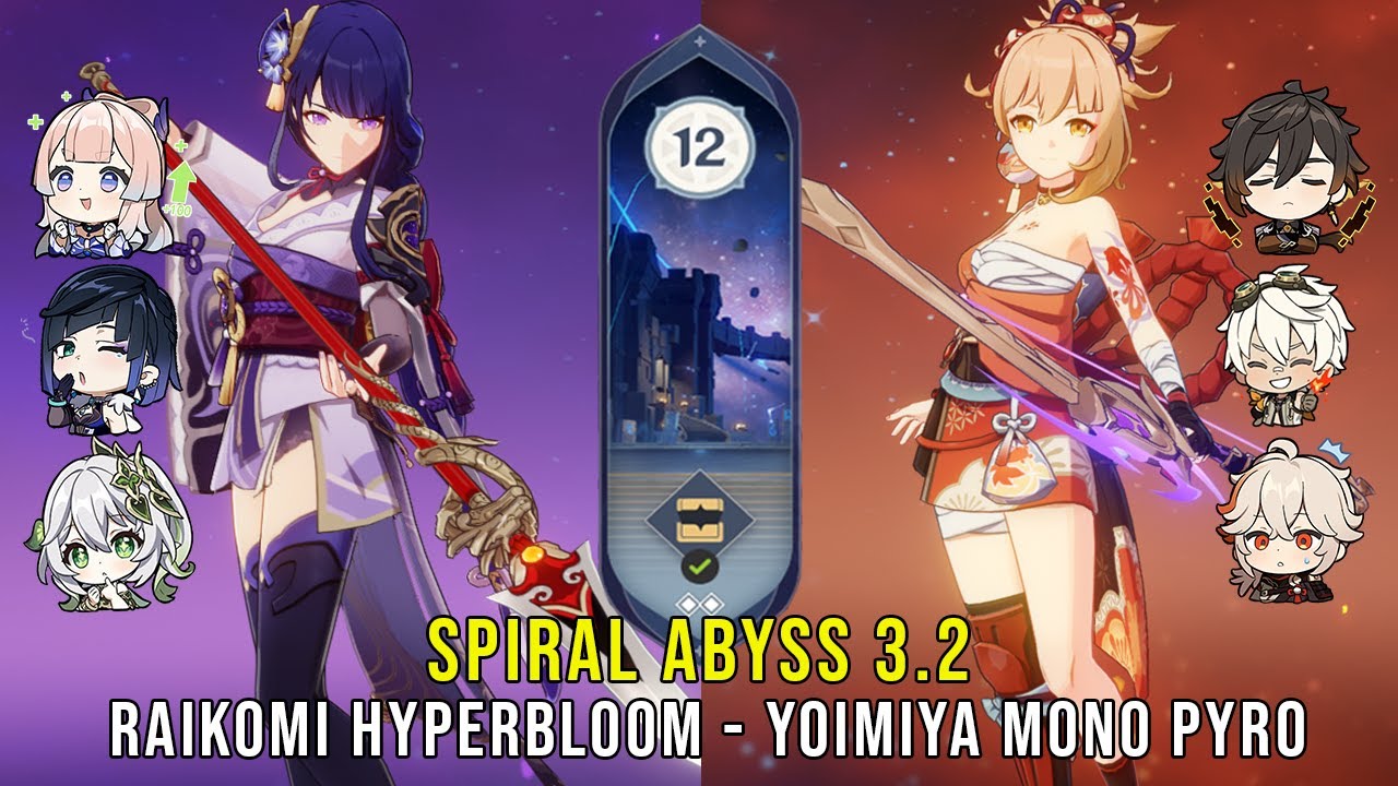 C0 Raiden Kokomi Hyperbloom and C0 Yoimiya Mono Pyro - Genshin Impact Abyss 3.2 - Floor 12 9 Stars