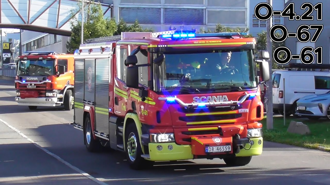 Engine O-61, O-4.21 & Rescue truck O-67 responding at Bryn in Oslo