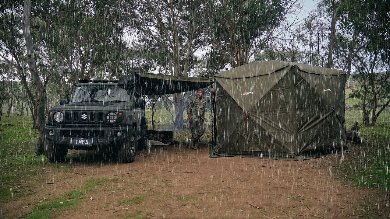 Rainy Solo Camp with my own Cinema | Formovie v10 | Oztent Screen House Hex | #ASMR