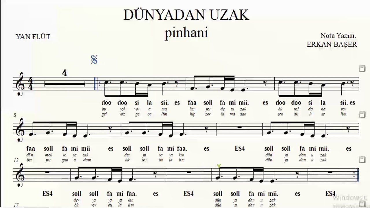 DÜNYADAN UZAK pinhani YAN FLÜT notaları EŞLİKLİ altyapılı