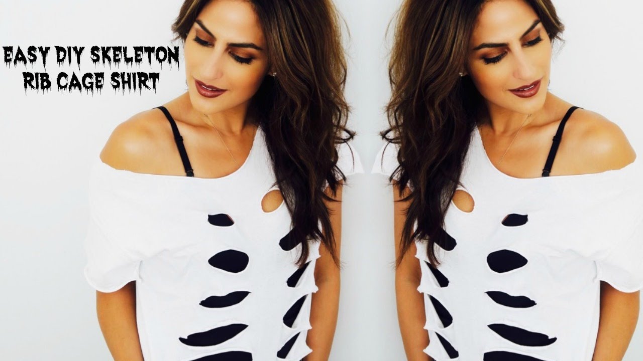Easy Halloween Costume- Off the Shoulder Skeleton Rib Cage Shirt