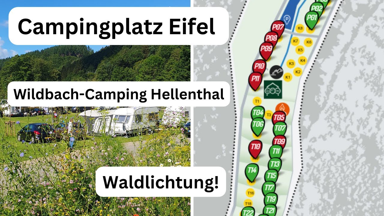 Wildbach-Camping Hellenthal. Eifel Campingplatz. Stellplätze Waldlichtung Camper/Zelte/Wohnwagen.